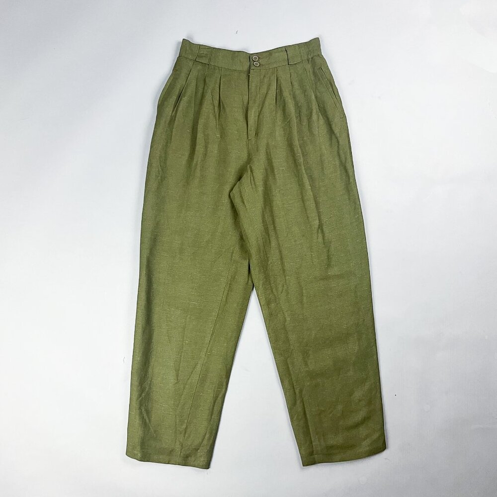 Vintage Pleated Pants | 90's Olive Green Baggy Linen Rayon Blend Women's Trouser